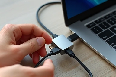 Hands connecting peripherals to a USB-C multi-hub for enhanced productivity.