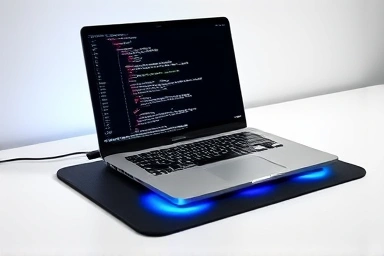 Laptop on cooling pad, reducing heat and improving performance.