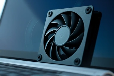 Laptop fan, efficient cooling, stylized airflow, internal components.