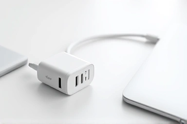 Compact USB-C PD charger and modern laptop on a desk.