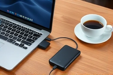 Laptop charging with a high-capacity power bank on a desk.