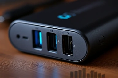 Close-up of USB-C ports on a powerful portable charger.
