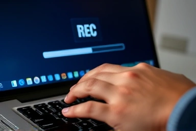 Hand recording laptop screen with progress indicator