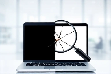 Cracked laptop screen vs. pristine screen with analysis tool