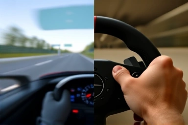 Gamer's hand on Logitech G923 wheel, immersive racing experience