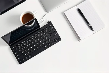 Minimalist desk setup with Logitech K380 and tablet.