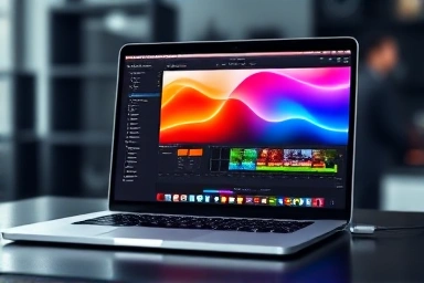 MacBook Pro with AI-powered video editing interface.