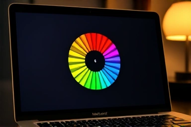 MacBook Pro screen with rainbow wheel of death, showing hardware issue.