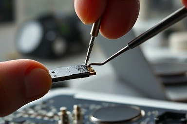 Expert repair of delicate electronic connections in a MacBook.