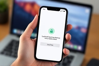 Hand holding phone with backup confirmation, MacBook blurred.