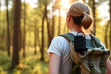 Portable speaker on a backpack during a hike.