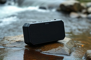 Rugged portable speaker near water, showing water resistance.