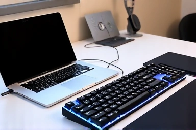 Modern laptop and mechanical keyboard setup on a clean desk.