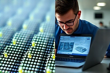 Microscopic view of Mini LED pixels and a designer using a laptop.