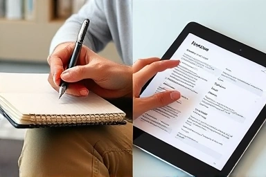 Analog notebook vs. digital notes, smart pen technology.