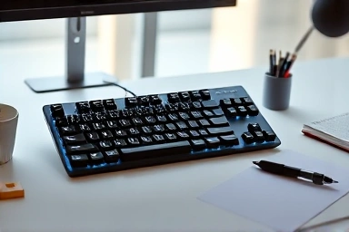 Modern office desk with silent mechanical keyboard and soft lighting.
