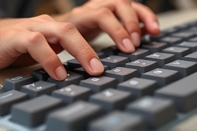 Close-up of hands typing on a silent mechanical keyboard, emphasizing tactile feel.