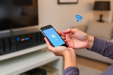 Smartphone wirelessly connecting to home stereo via Bluetooth receiver.