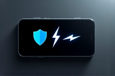 Split smartphone: privacy shield and speed lightning bolt.