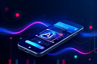 Futuristic smartphone UI with AI innovation.