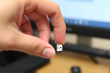 Hand plugging USB Bluetooth 5.4 dongle into computer port