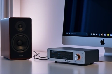 Modern PC-Fi audio setup with glowing DAC and speakers.
