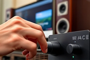 Audiophile's hands adjusting high-fidelity audio equipment.