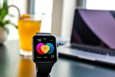 Sleek smartwatch displaying abstract health data on a tech desk.