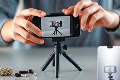 Hands adjusting mini tripod for stable smartphone photography.