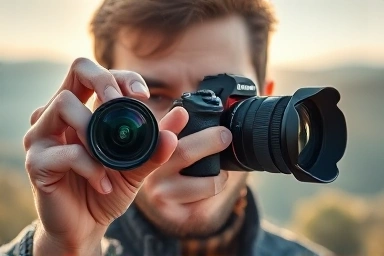 Photographer choosing between prime and zoom camera lenses