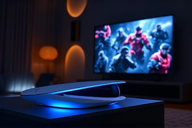 Futuristic PS5 Pro console with glowing lights on a stand.