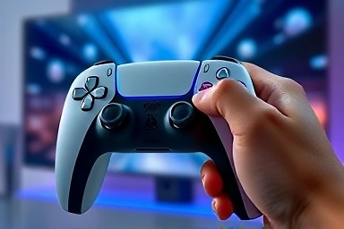 Hand holding PS5 controller, PS5 Pro and 4K TV in background.