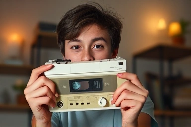Young person enjoying a vintage cassette player with warm, nostalgic lighting.