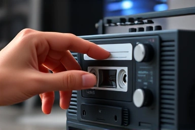 Hand interacting with a retro cassette player, highlighting tactile experience.