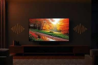 Immersive living room with Samsung TV and soundbar creating synchronized audio.