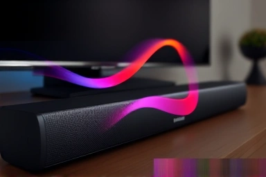 Abstract visualization of synchronized sound from Samsung TV and soundbar.