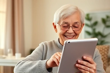 Elderly person joyfully using a simple tablet interface.