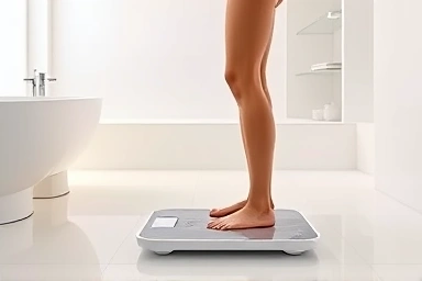 Modern smart body scale in a clean bathroom setting.