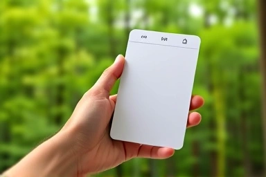 Hand holding electronic memo pad, eco-friendly forest background
