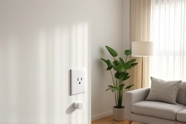 Modern living room with smart plug powering a lamp.