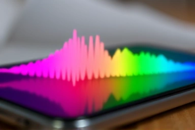 Abstract sound waves transforming into personalized colors from a smartphone.