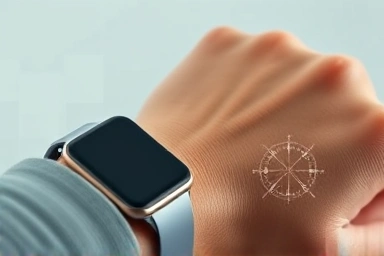 Close-up of smartwatch with satellite signal graphic