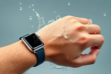 Smartwatch being splashed with water.