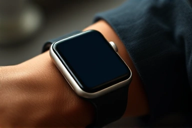 Sleek smartwatch playing music wirelessly, sound waves.