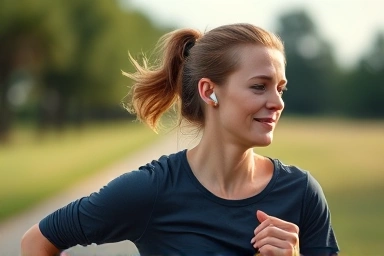 Person enjoying music from smartwatch during outdoor activity.