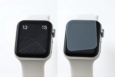 Scratch-free vs. scratched smartwatch screen comparison.