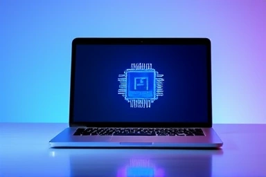 Futuristic laptop processor chip, symbolizing power and efficiency.