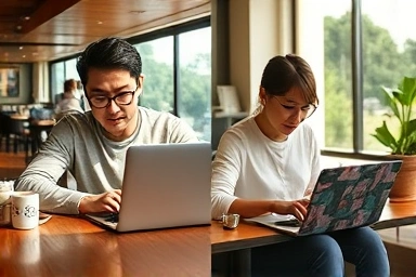 Laptop user enjoying long battery life and AI power outdoors.