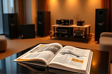 High-end audio system and audiophile magazine in a luxurious room.