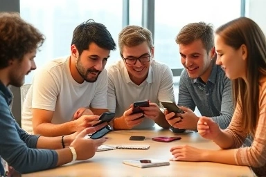University students comparing smartphones, smart technology choices